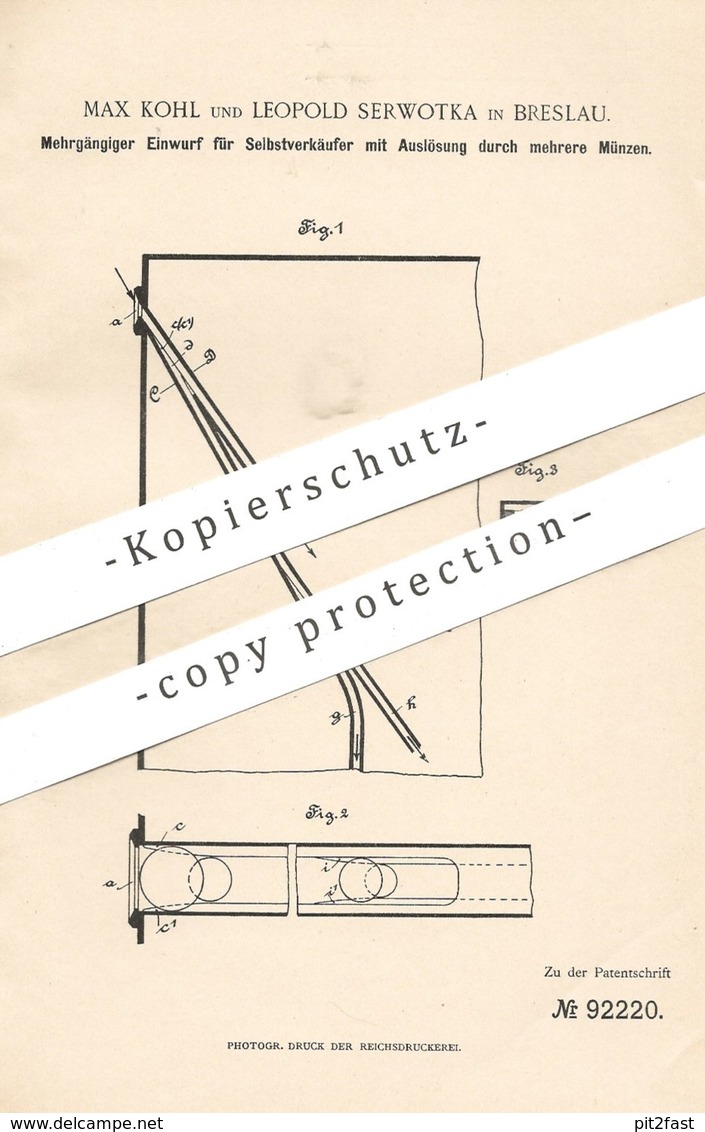 Original Patent - Max Kohl , Leopold Serwotka , Breslau , 1896 , Selbstverkäufer Mit Münzeinwurf | Automat !! - Historical Documents