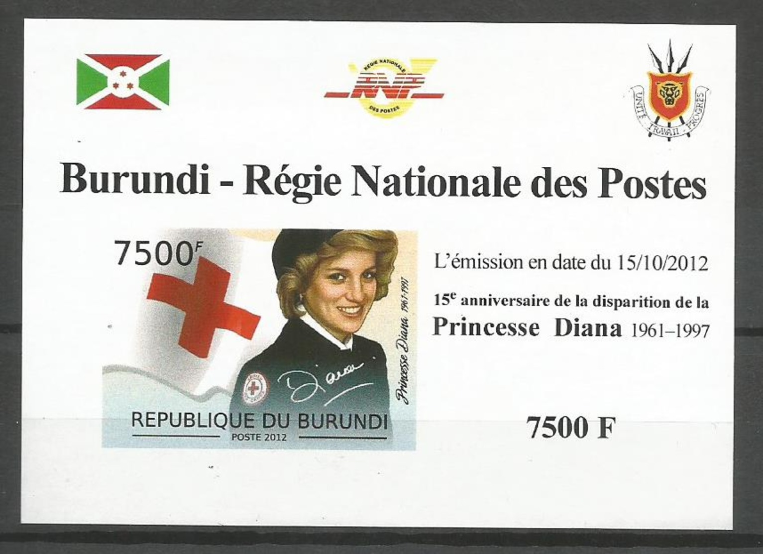 Burundi 2012 S/S Imperforate Time And Life Princess Of Wales Lady Diana Red Cross MNH** - Neufs