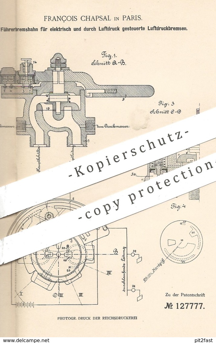 Original Patent - François Chapsal , Paris , Frankreich , 1899 , Führerbremshahn Für Luftdruckbremse | Bremse , Bremsen - Documenti Storici