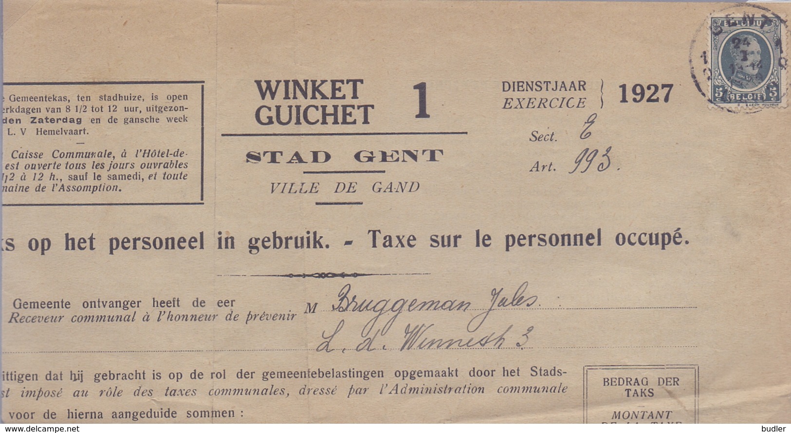 1927: Stad GENT / Ville De Gand : ## Taks Op Het Personeel In Gebruik / Taxe Sur Le Personnel Occupé ## Aan / à ## ... - 1900 – 1949