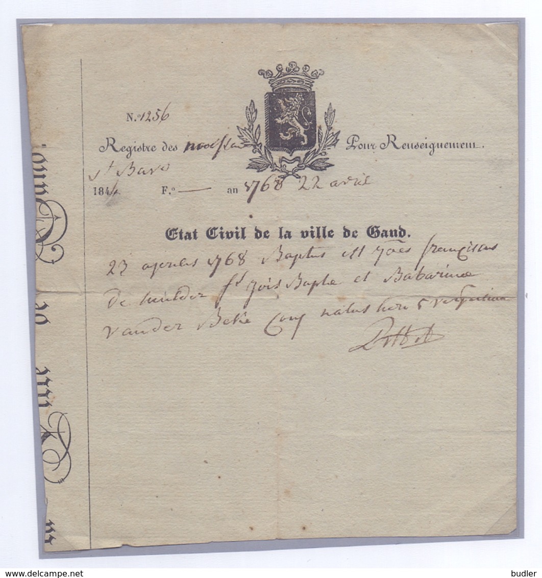 1841: Ville De GAND : Uittreksel Uit De Geboorte-akte : ## État Civil De La Ville De Gand ##  @§@ 23 Aprilis 1768 ... - Naissance & Baptême