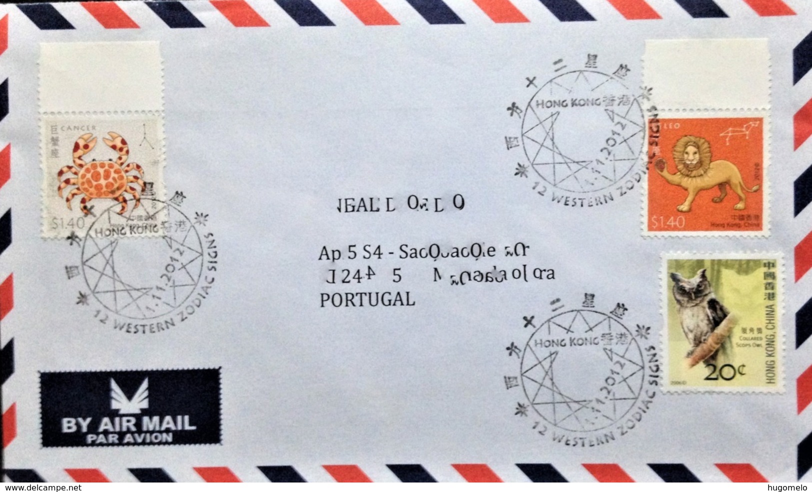 Hong Kong, Circulated Cover To Portugal, "Astrology", "Western Zodiac Signs", "Leo", "Cancer", "Owls", 2012 - Verzamelingen & Reeksen