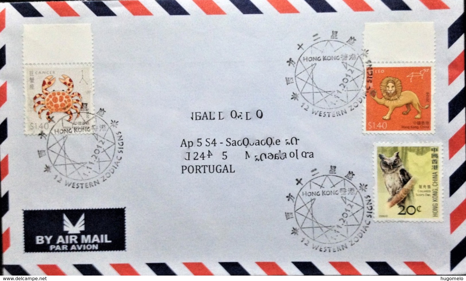 Hong Kong, Circulated Cover To Portugal, "Astrology", "Western Zodiac Signs", "Leo", "Cancer", "Owls", 2012 - Verzamelingen & Reeksen