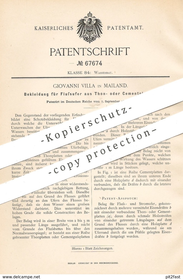 Original Patent - Giovanni Villa , Mailand , Italien , 1892 , Schutz Für Flussufer Aus Ton , Zement , Beton , Stein !!! - Historische Dokumente