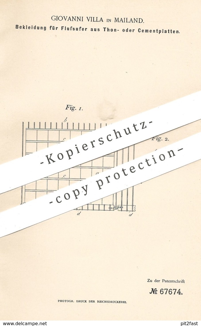 Original Patent - Giovanni Villa , Mailand , Italien , 1892 , Schutz Für Flussufer Aus Ton , Zement , Beton , Stein !!! - Historische Dokumente