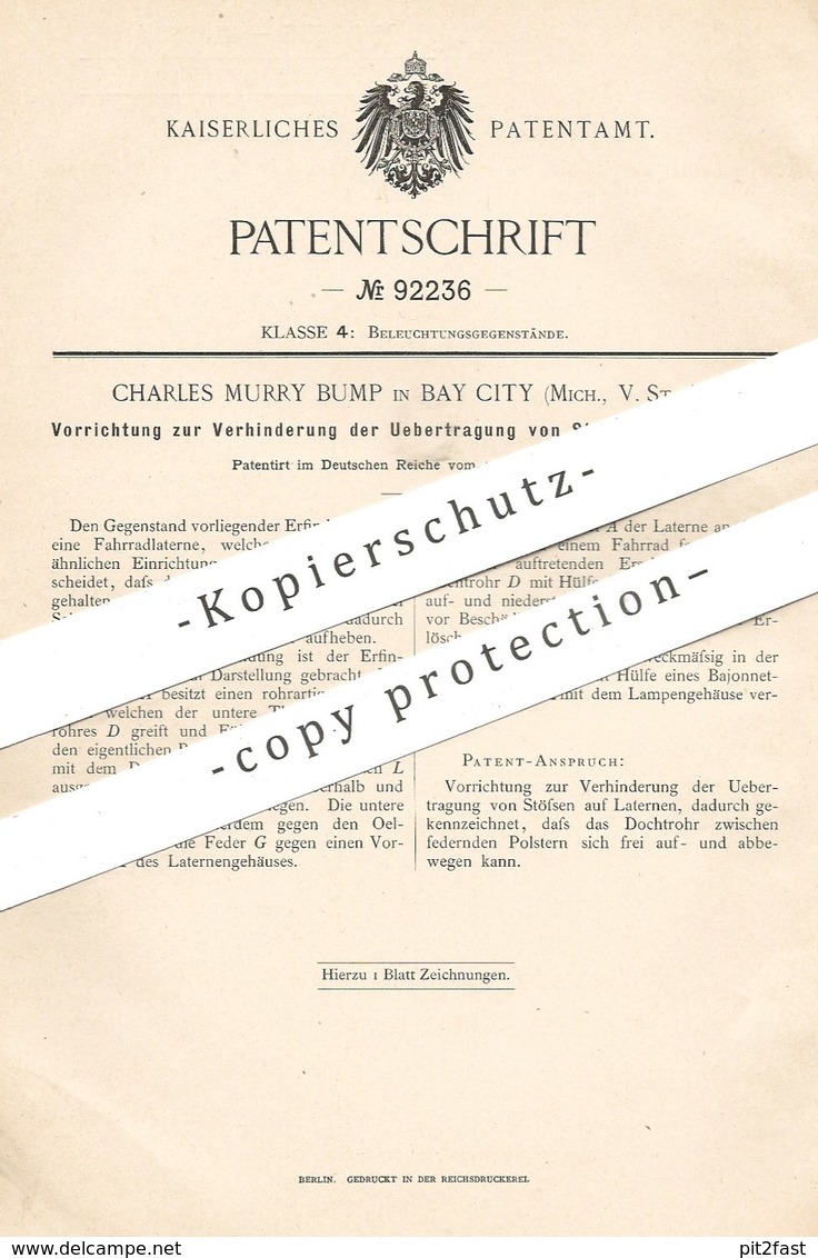 Original Patent - Charles Murry Bump , Bay City , Michigan , USA , 1896 , Laterne Für Fahrrad | Fahrradlampe , Lampe !! - Historische Dokumente