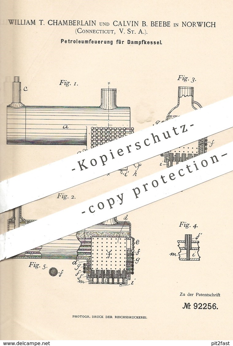 Original Patent - William T. Chamberlain , Calvin B. Beebe , Norwich , Connecticut USA | Dampfkessel - Petroleumfeuerung - Historische Dokumente