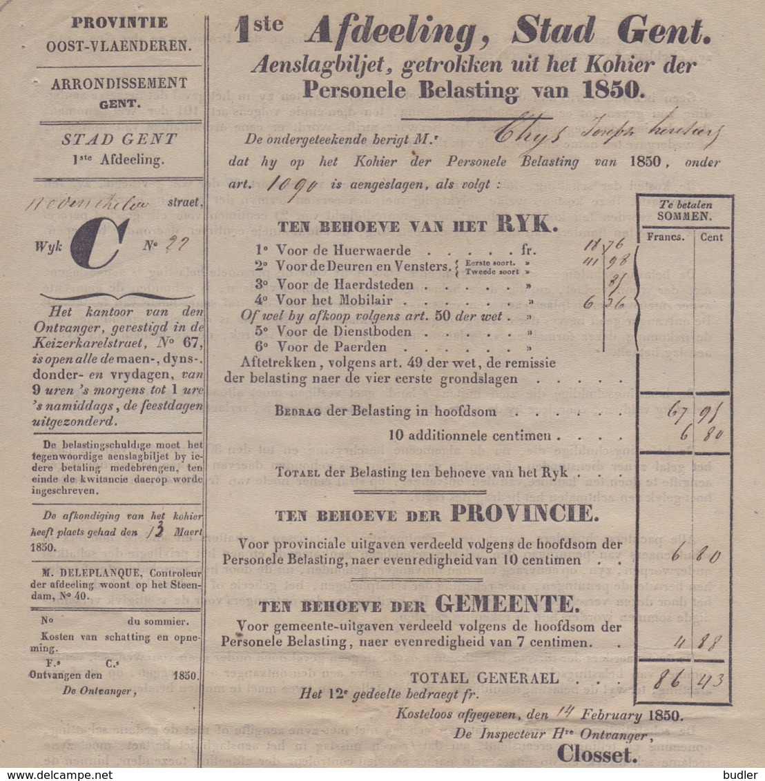 1850: Stad GENT :  ## Aanslagbiljet, Getrokken Uit Het Kohier Der Personele Belasting Van 1850 ##  Aan ## THYS Joseph ## - 1800 – 1899