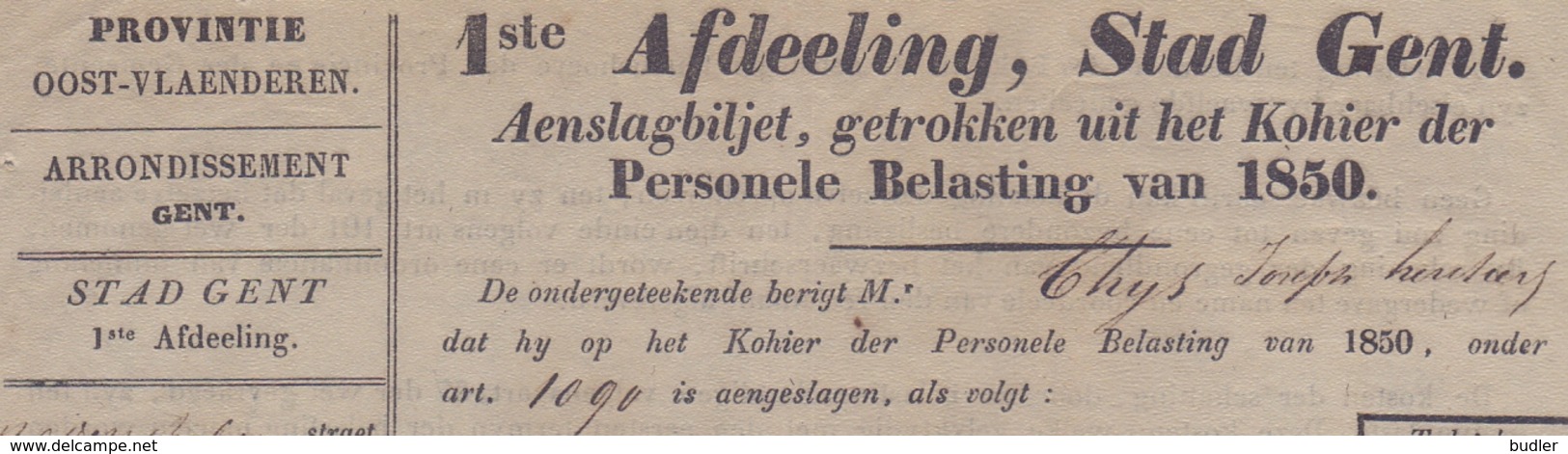 1850: Stad GENT :  ## Aanslagbiljet, Getrokken Uit Het Kohier Der Personele Belasting Van 1850 ##  Aan ## THYS Joseph ## - 1800 – 1899