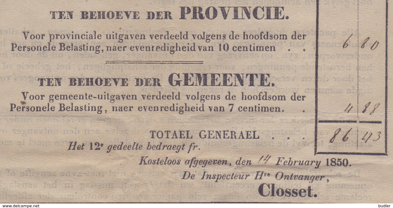 1850: Stad GENT :  ## Aanslagbiljet, Getrokken Uit Het Kohier Der Personele Belasting Van 1850 ##  Aan ## THYS Joseph ## - 1800 – 1899