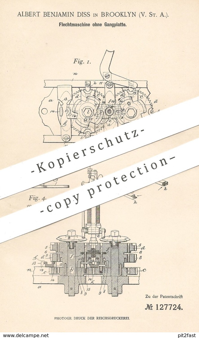 Original Patent - Albert Benjamin Diss , Brooklyn , USA , 1900 , Flechtmaschine | Flechten , Klöppeln , Handarbeit !! - Historische Dokumente