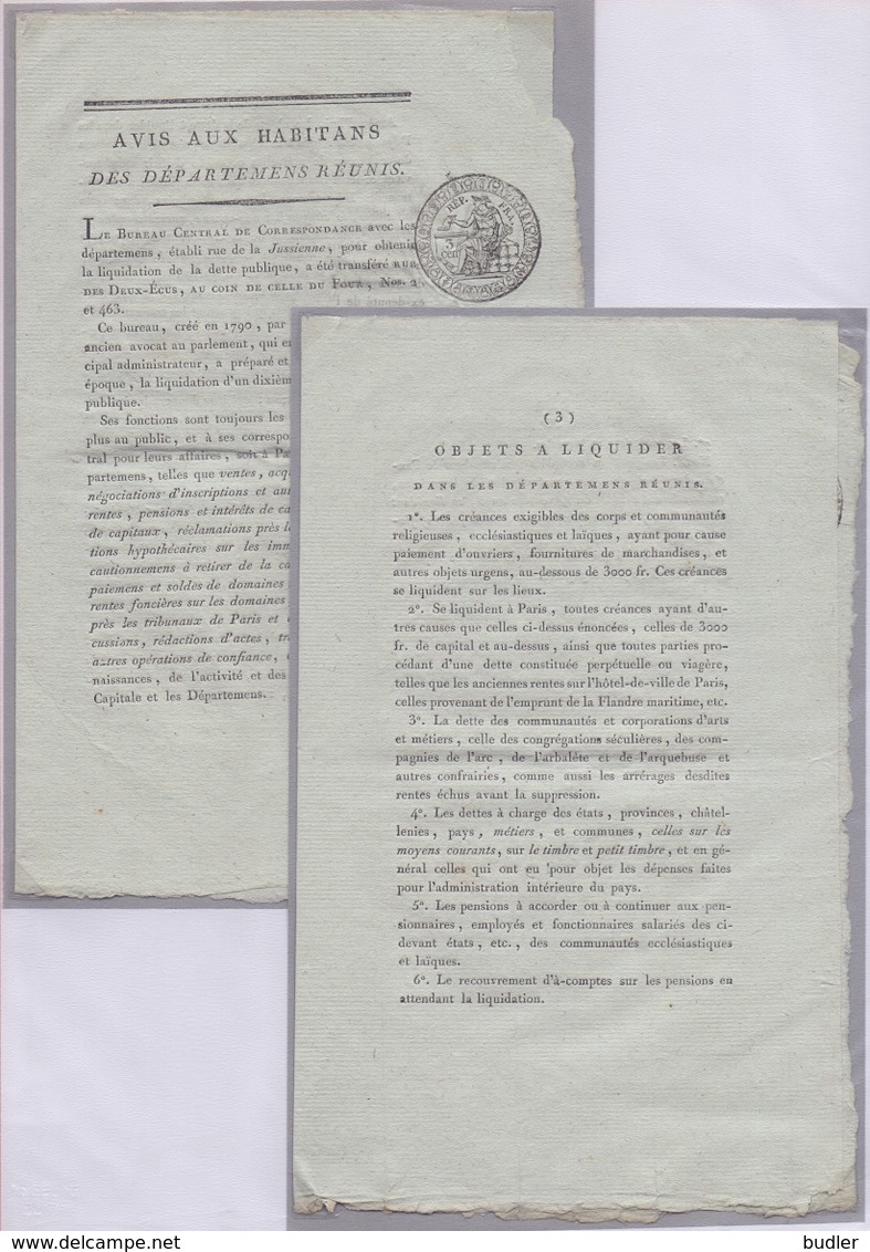 17..: Stad GENT : ## AVIS Aux HABITANS Des DÉPARTEMENTS RÉUNIS ##  Sur Papier Avec FILIGRANE (op Papier Met WATERMERK) - 1800 – 1899