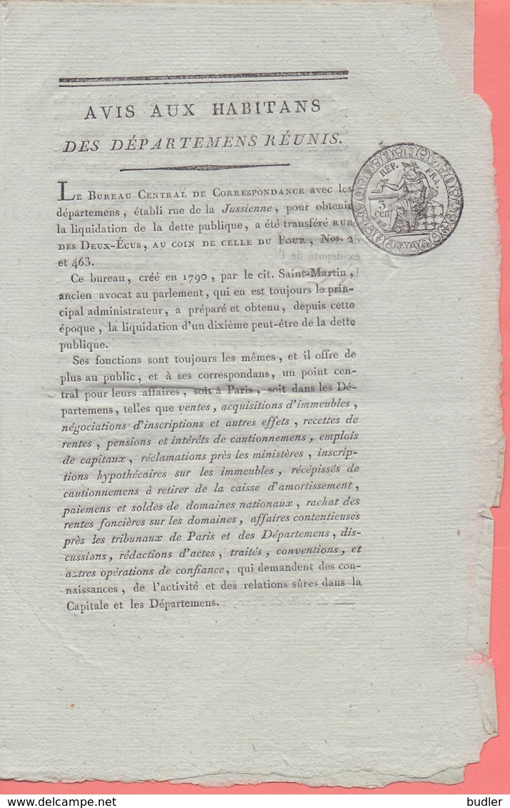 17..: Stad GENT : ## AVIS Aux HABITANS Des DÉPARTEMENTS RÉUNIS ##  Sur Papier Avec FILIGRANE (op Papier Met WATERMERK) - 1800 – 1899