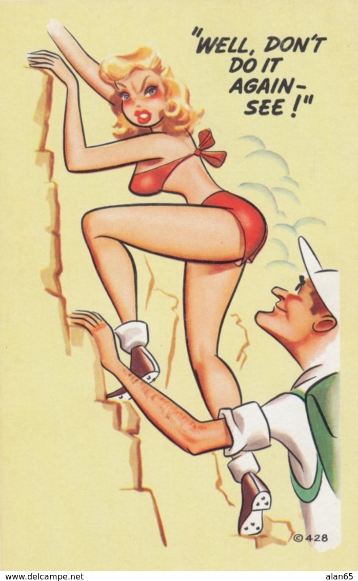 Risque Humour, Woman & Man Mountain Climbing Theme, C1950s Vintage Postcard - Humor