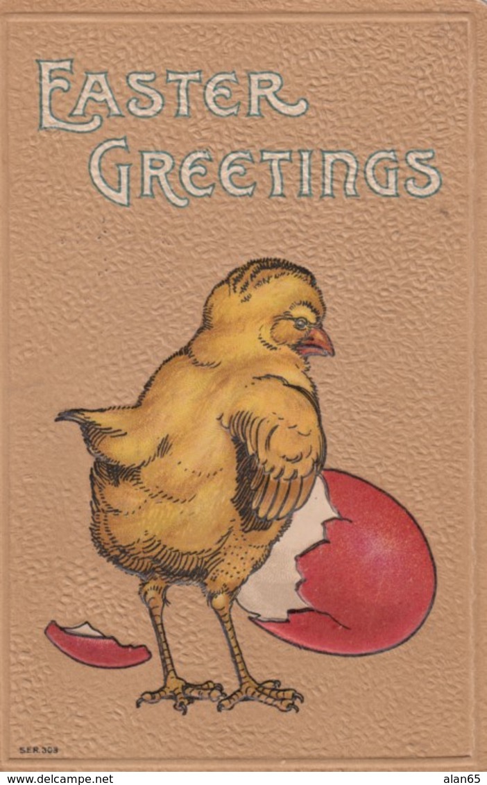 Happy Easter Greetings, Chick And Colored Egg C1910s Vintage Embossed Postcard - Pasqua