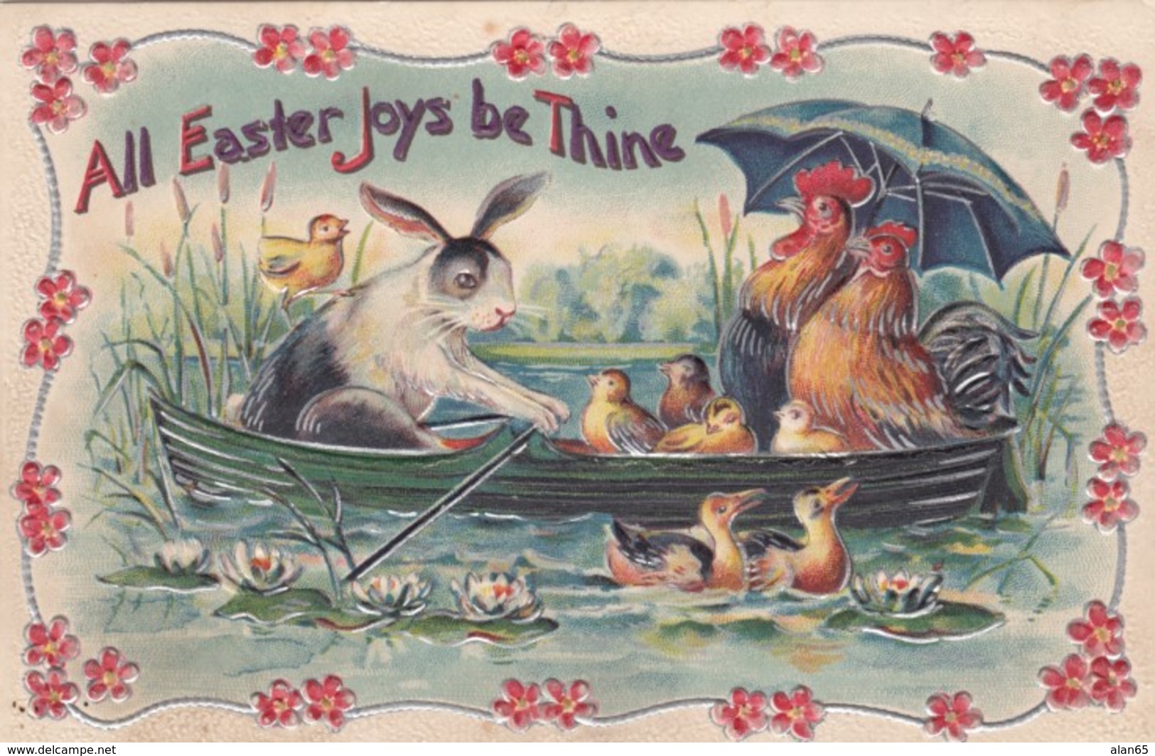 Easter Greetings, Rabbit Rows Boat With Chickens And Chicks C1910s Vintage Embossed Postcard - Easter