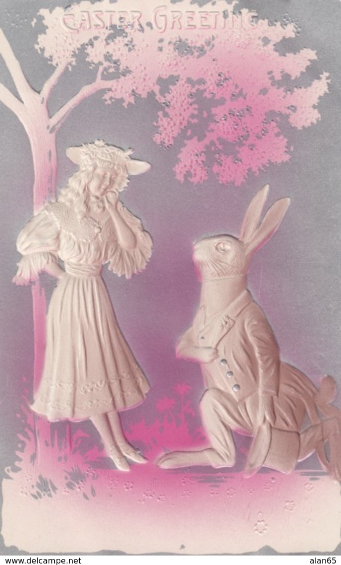 Easter Greetings, Rabbit In Tuxedo Courts And Proposed To Young Woman C1910s Vintage Embossed Postcard - Easter