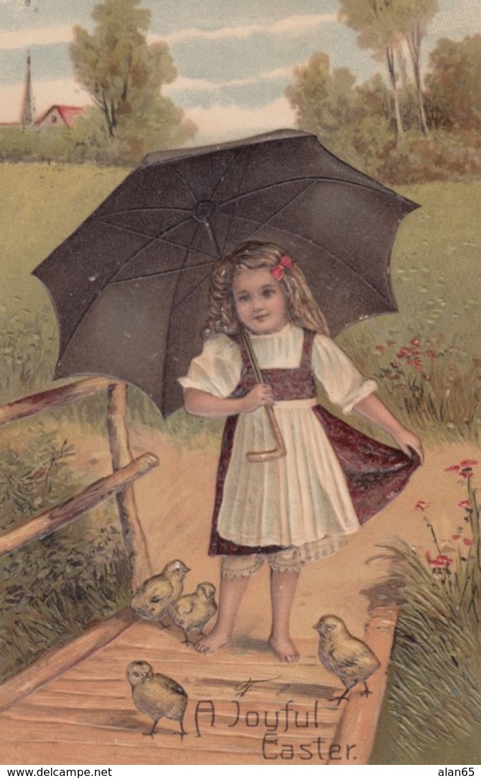 Easter Greetings, Girl With Umbrella And Chicks C1900s Vintage Embossed PFB #7560 Postcard - Easter