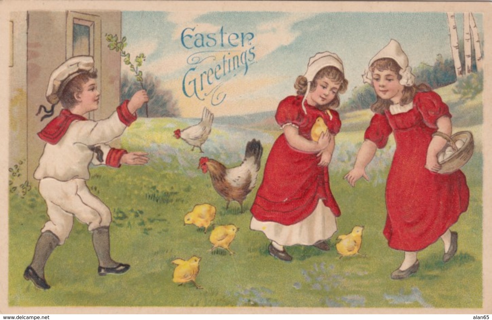 Easter Greetings, Beautiful Children Girls In Dresses With Chickens & Chicks C1910s Vintage Embossed Postcard - Easter