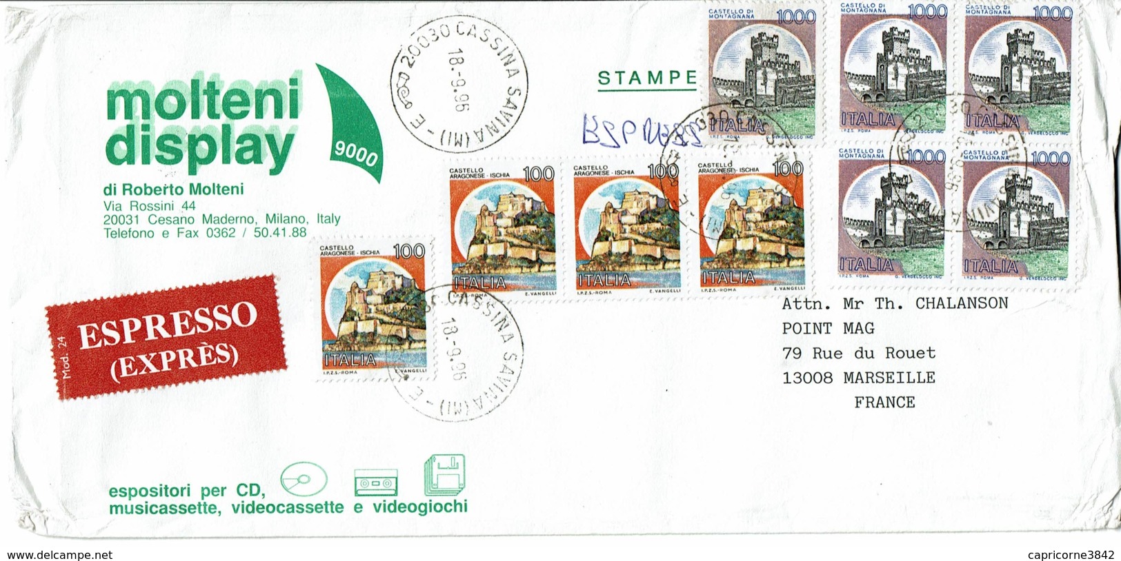 1996 - Italie - Lettre En EXPRES Pour La France - Tp Des Chateaux (4 Tp Aragonese N°1440 + 5 Tp Montagnana N°1456) - Express-post/pneumatisch