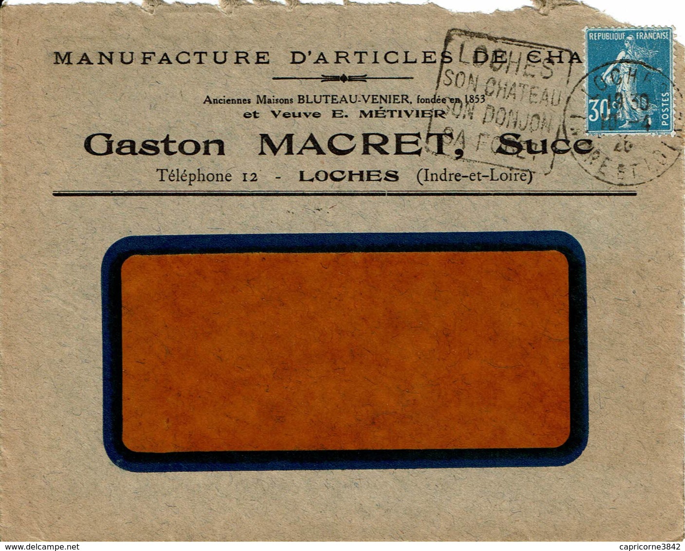 1926 - Enveloppe Publicitaire "MANUFACTURE D'ARTICLES DE CHASSE" Ets MACRET (Loches) - Sports & Tourisme