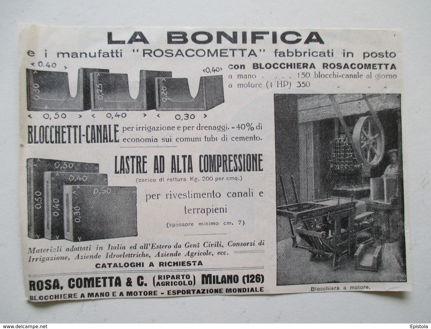 ROSA COMETA Milano -  Machine à Fabriquer Les Câles De Conduits & De Canalisation -  Coupure De Presse Italienne De 1929 - Andere Geräte