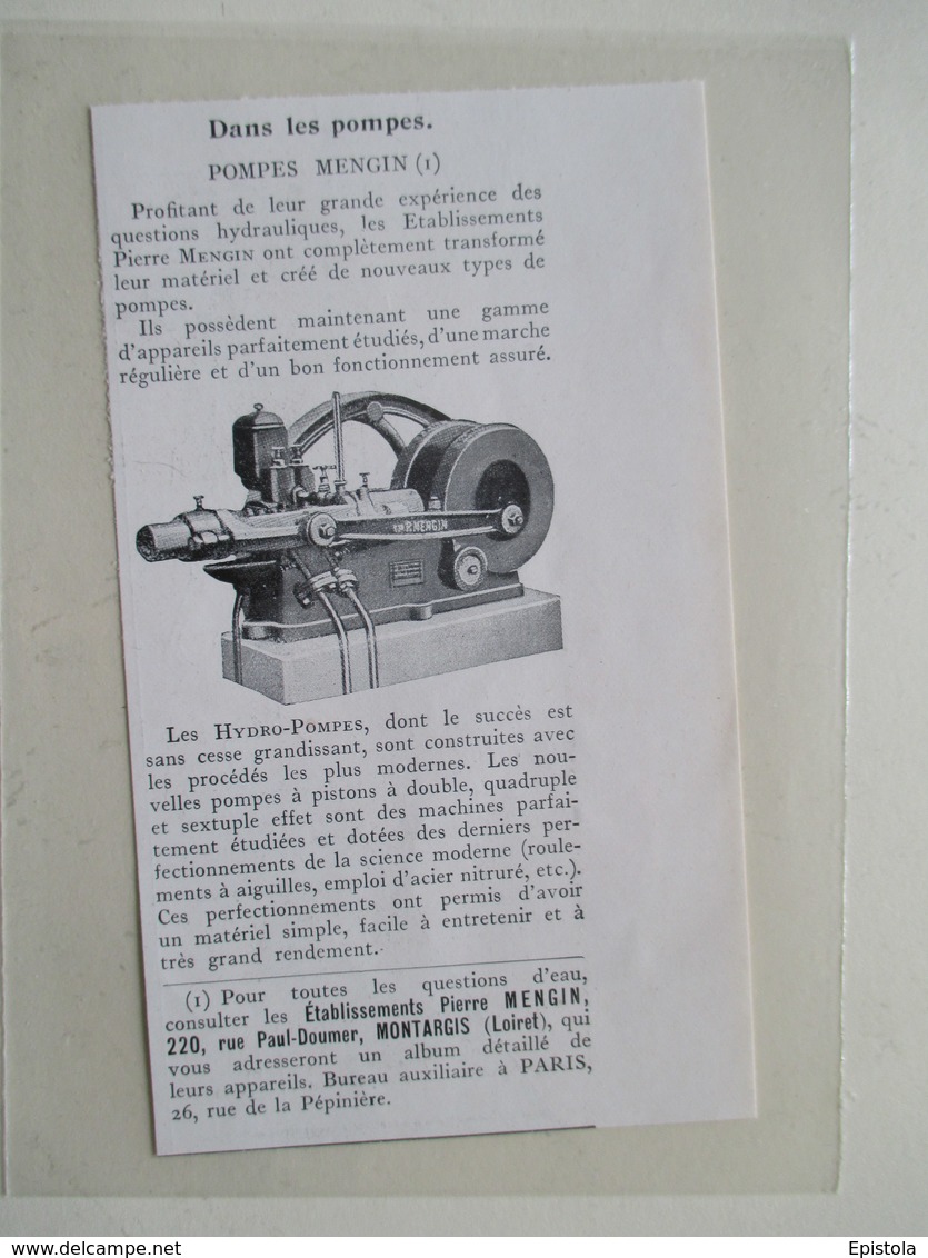 MONTARGIS Rue Paul Doumer Ets Pierre Mengin (45)  HYDRO POMPE  -  Coupure De Presse De 1919 - Other Apparatus