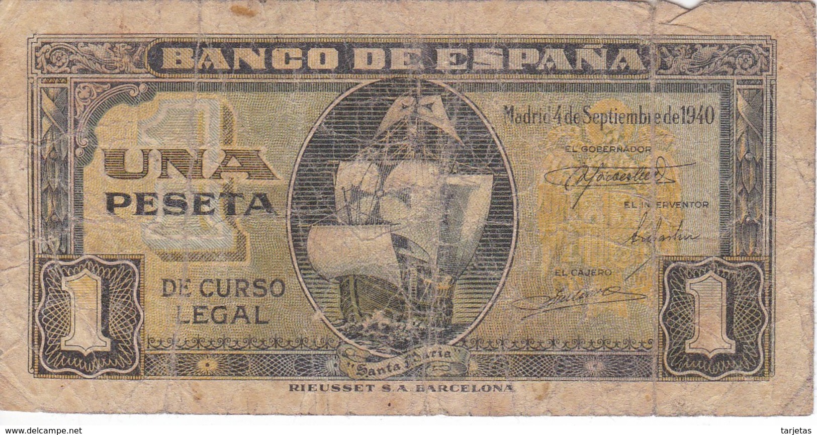 BILLETE DE ESPAÑA DE 1 PTA DEL 4/09/1940 SERIE E CARAVELA  (BANKNOTE) - 1-2 Pesetas