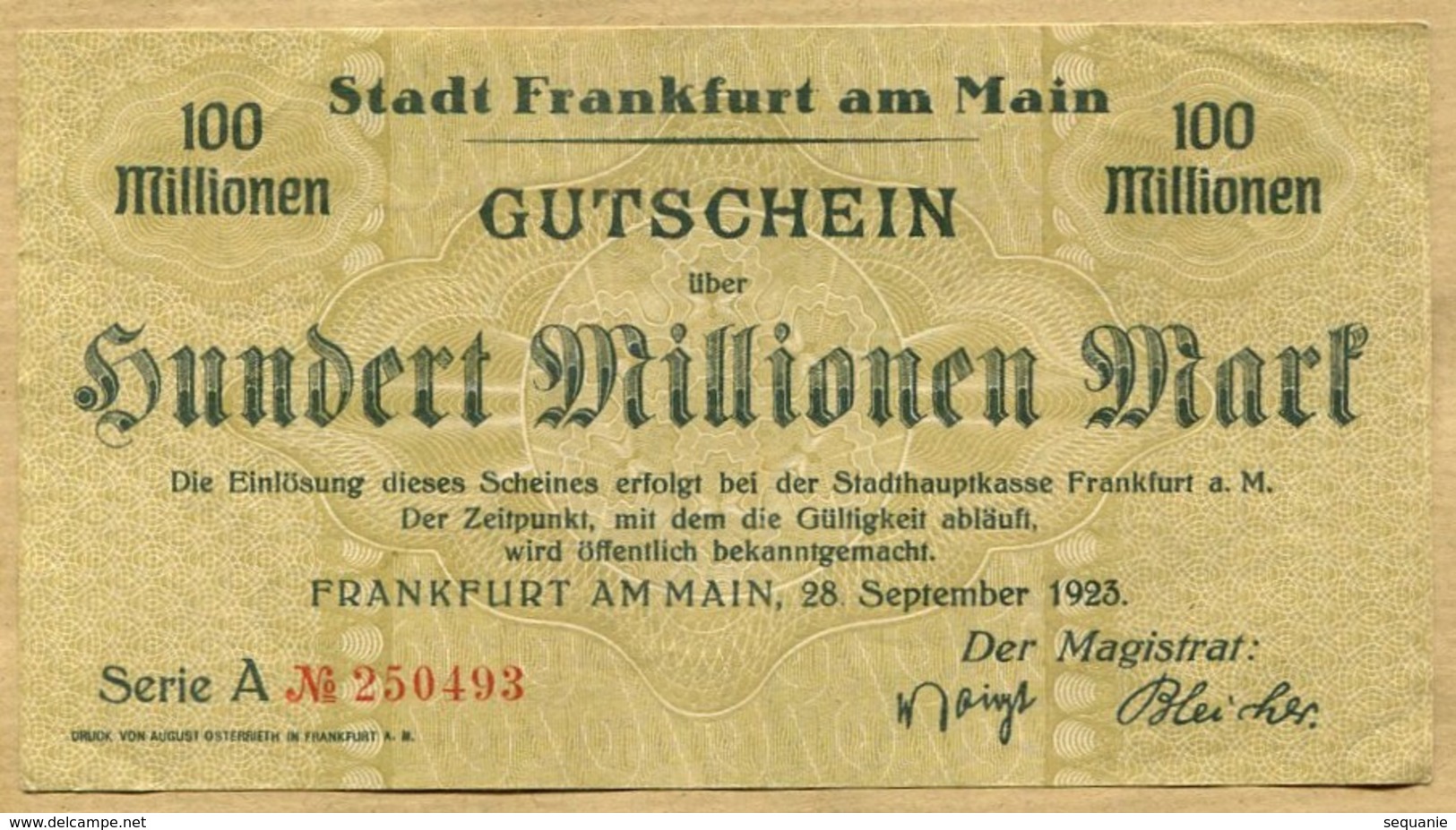 Allemagne 100 Million Mark Francfort 1923 - 100 Miljoen Mark
