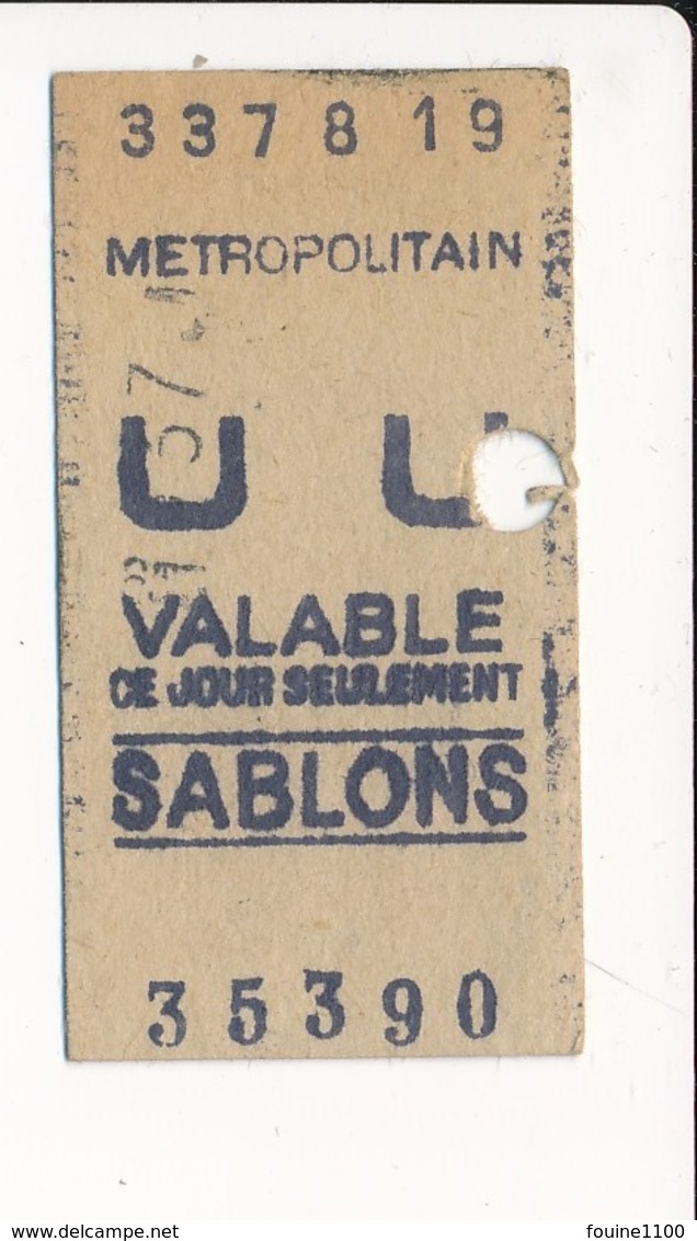 Ticket De Métro De Paris ( Métropolitain ) Classe Non Mentionnée  ( Station ) SABLONS - Europe