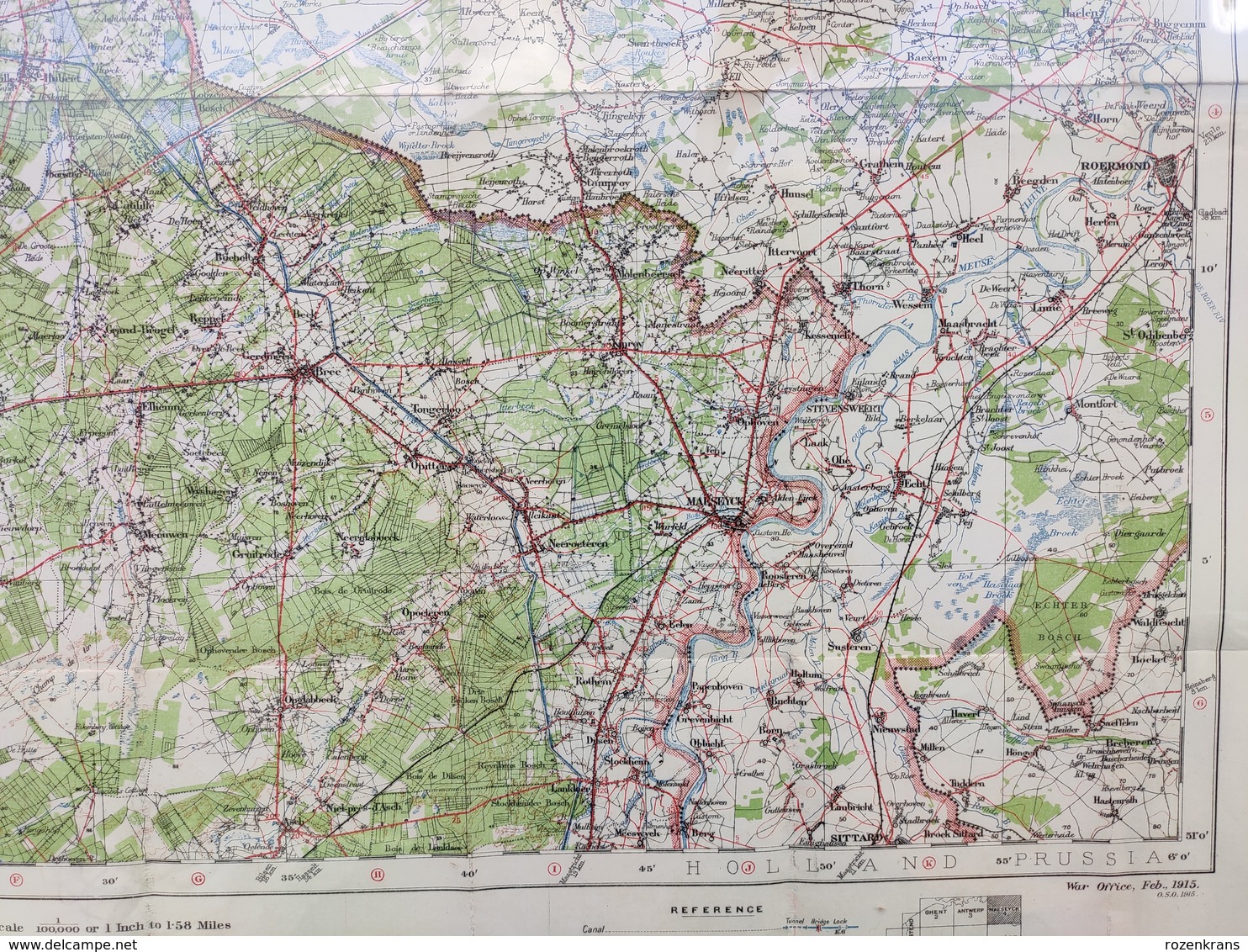 Militaire en Topografische Kaart UK War Office 1915 World War 1 WW1 Maaseik Tessenderlo Eindhoven Leopoldsburg Roermond