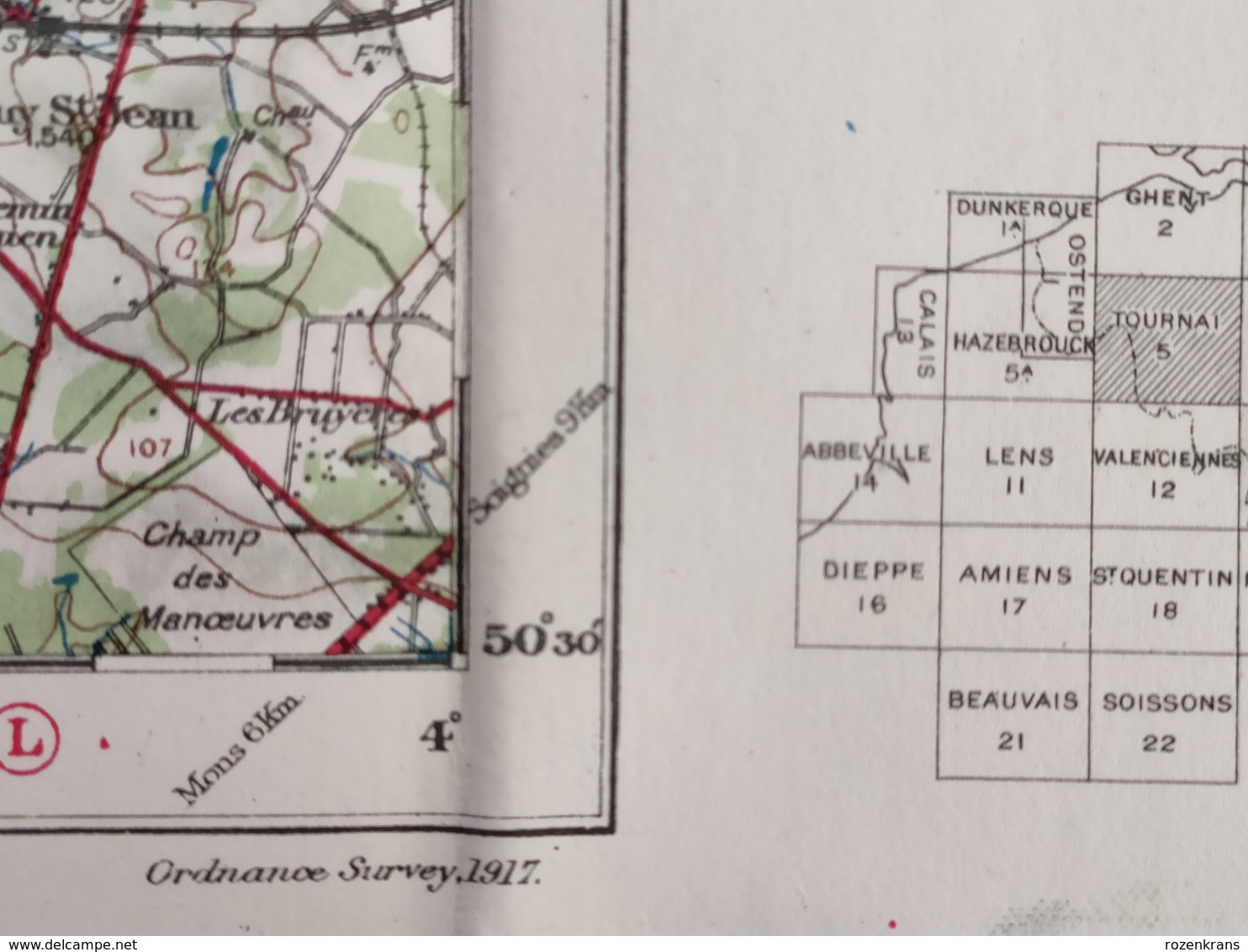 Carte Topographique Militaire UK War Office 1917 World War 1 WW1 Tournai Roubaix Lille Roeselare Kortrijk Deinze Tielt