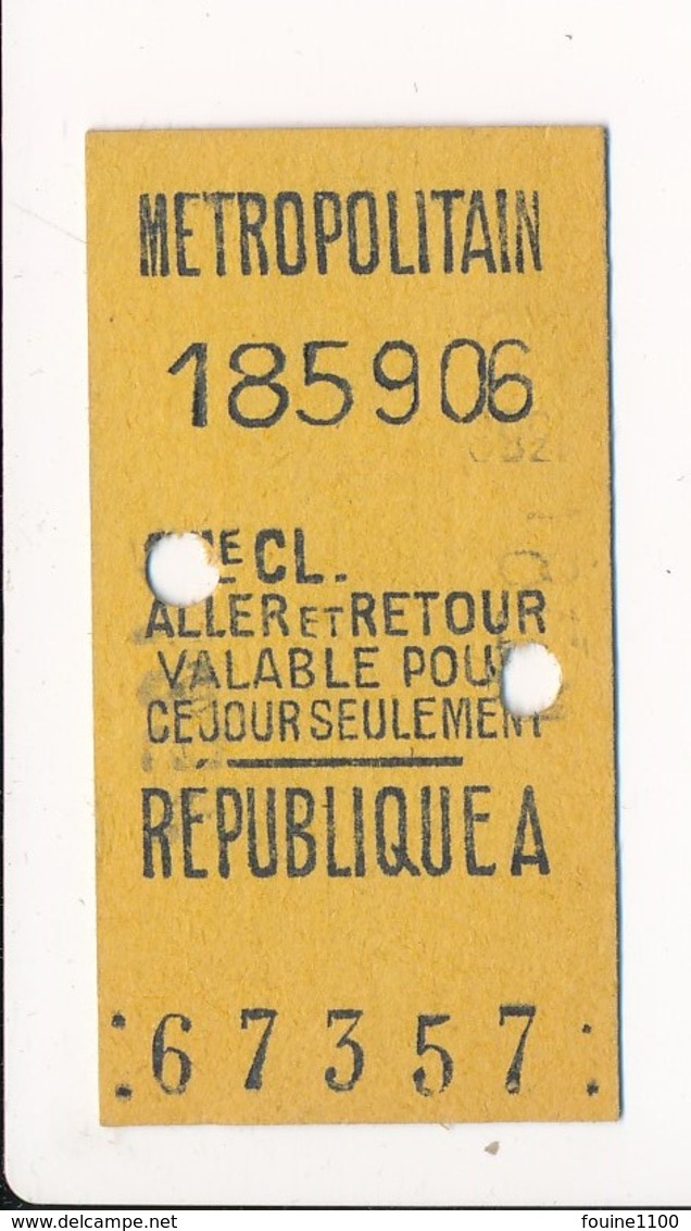 Ticket De Métro De Paris ( Métropolitain ) Classe ?  ( Station ) REPUBLIQUE A ( Couleur Jaune ) - Europa