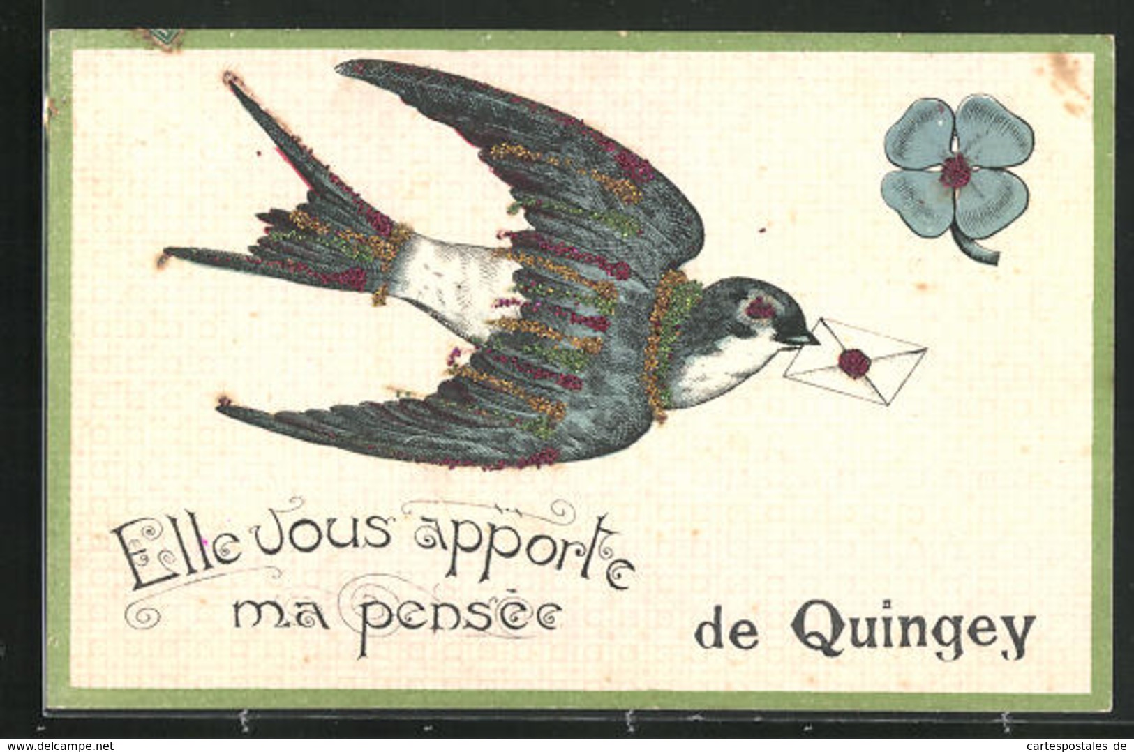 CPA Quingey, Elle Vous Apporte Ma Pensee, Pigeon Et Fleur - Autres & Non Classés