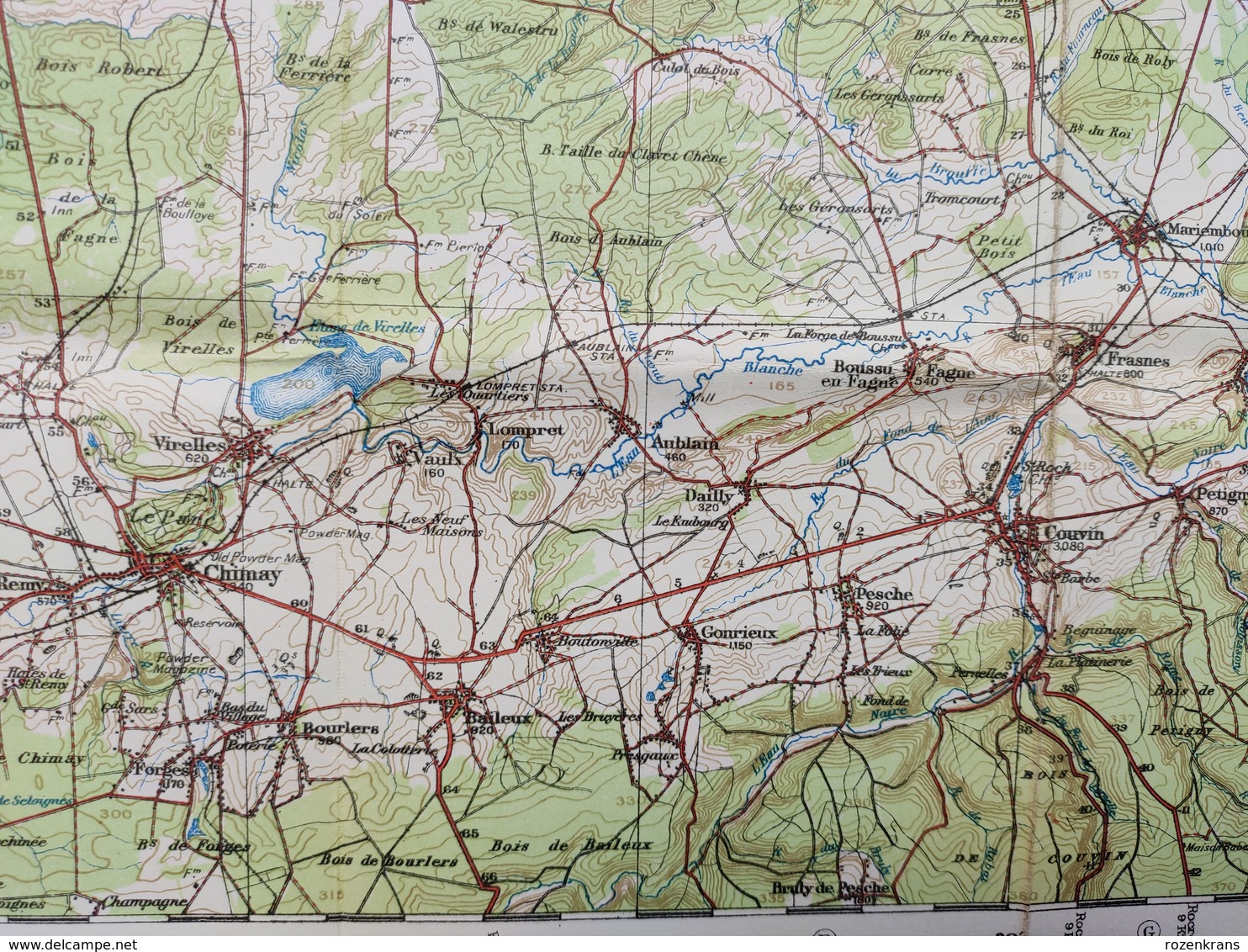 Carte Topographique Militaire UK War Office 1910 World War 1 WW1 Namur Phlippeville Florennes Charleroi Binche Chimay Gi