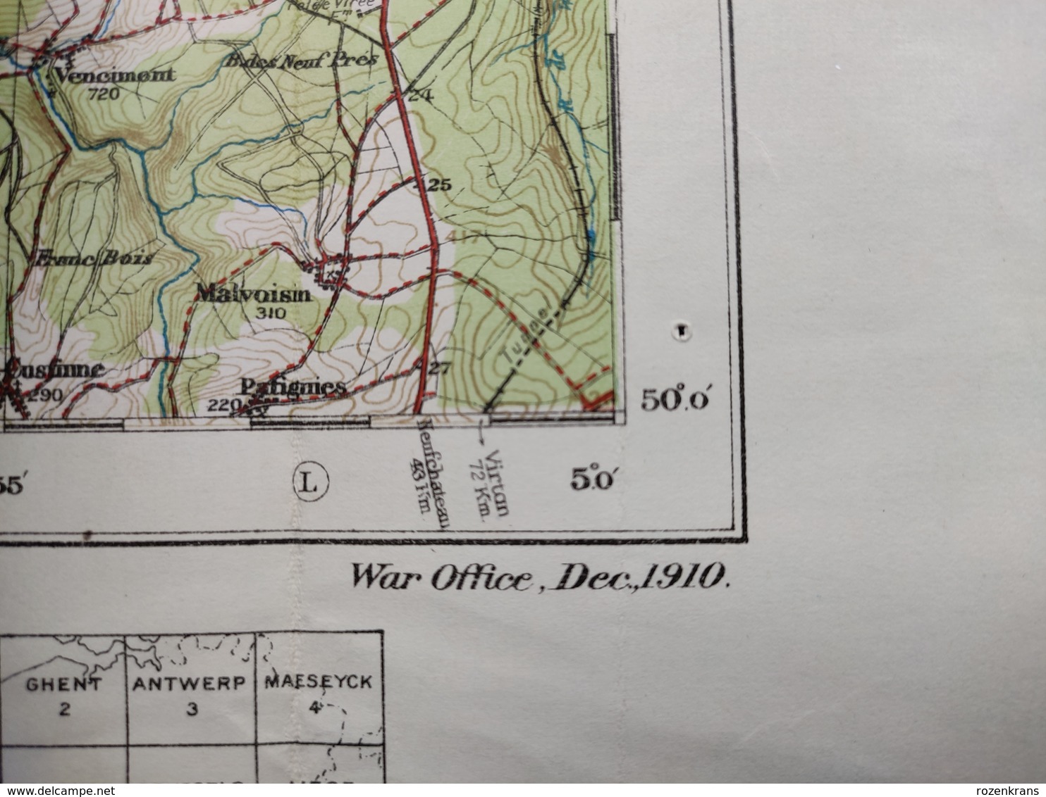 Carte Topographique Militaire UK War Office 1910 World War 1 WW1 Namur Phlippeville Florennes Charleroi Binche Chimay Gi