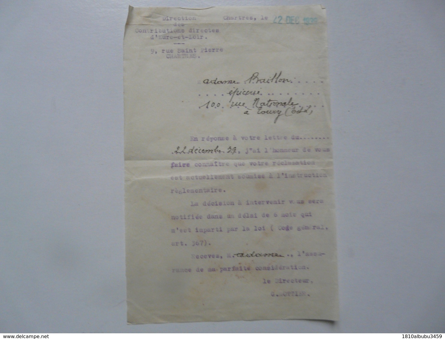 Lettre Adressée à Mme Baillon - Epicerie - 100 Rue Nationale à TOURY (28) - 1900 – 1949