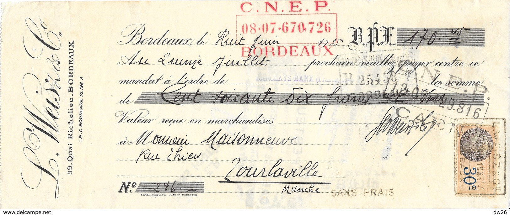 Mandat à L'Ordre 1935 - L. Weisz & Co. Bordeaux (Union Agricole Marmandaise, Culture Et Expédition De Tomates) - 1900 – 1949