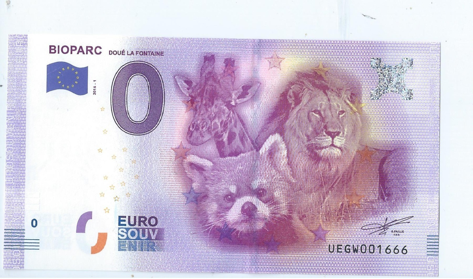 2016 BILLET TOURISTIQUE 0 Euro   Bioparc   Dpt 49  Port 1.50 -  N° Aleatoire - Private Proofs / Unofficial