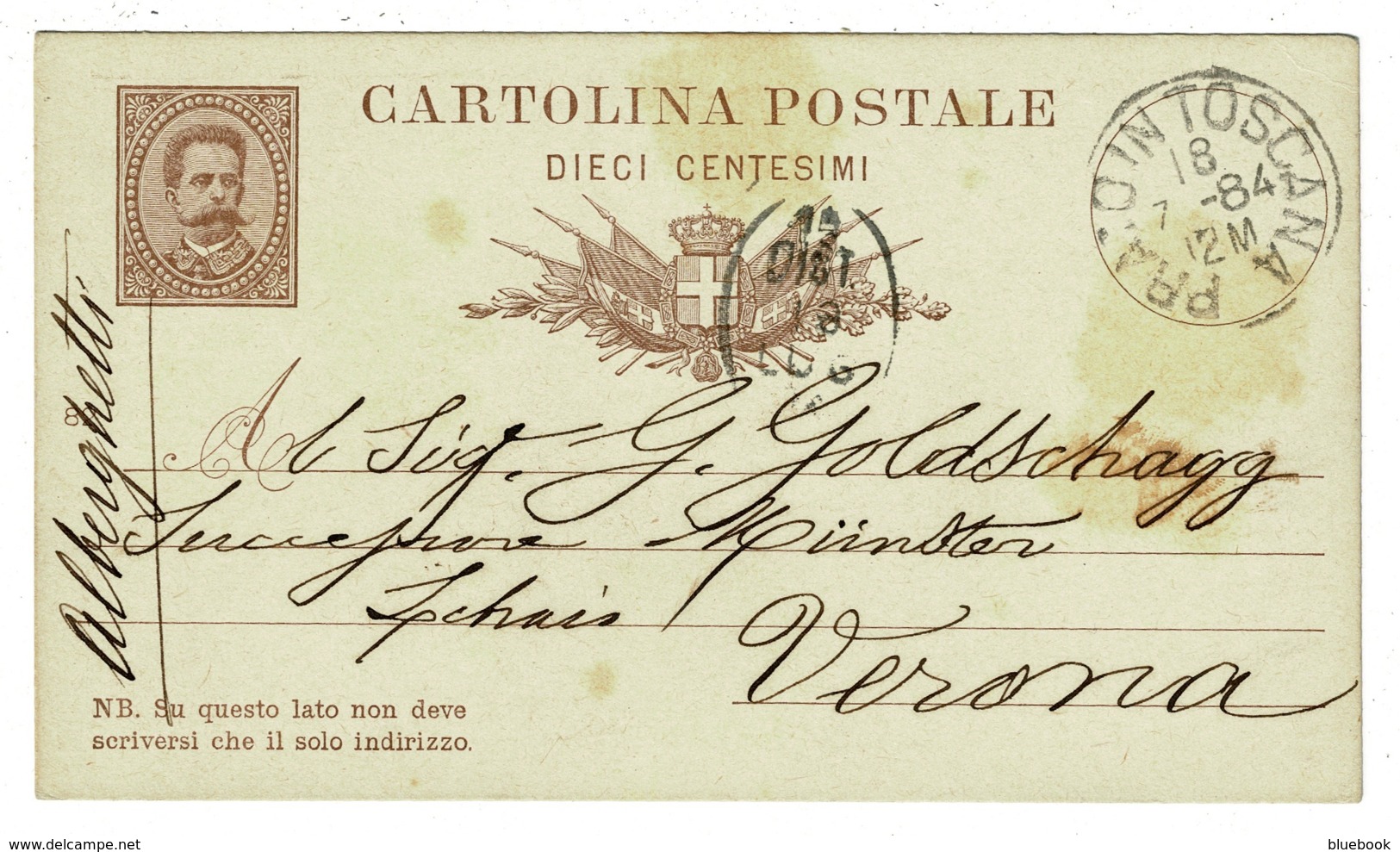Ref 1336 - 1884 Italy Postal Stationery Card - Prato In Toscana To Verona - Nice Marks - Stamped Stationery