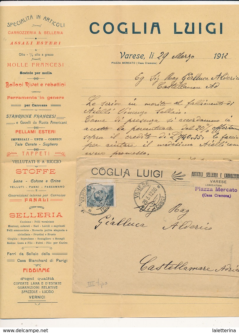 1912 VARESE COMO DC + BUSTA PUBBLICITARIA COGLIA ARTICOLI SELLERIA E CARROZZERIA - Storia Postale