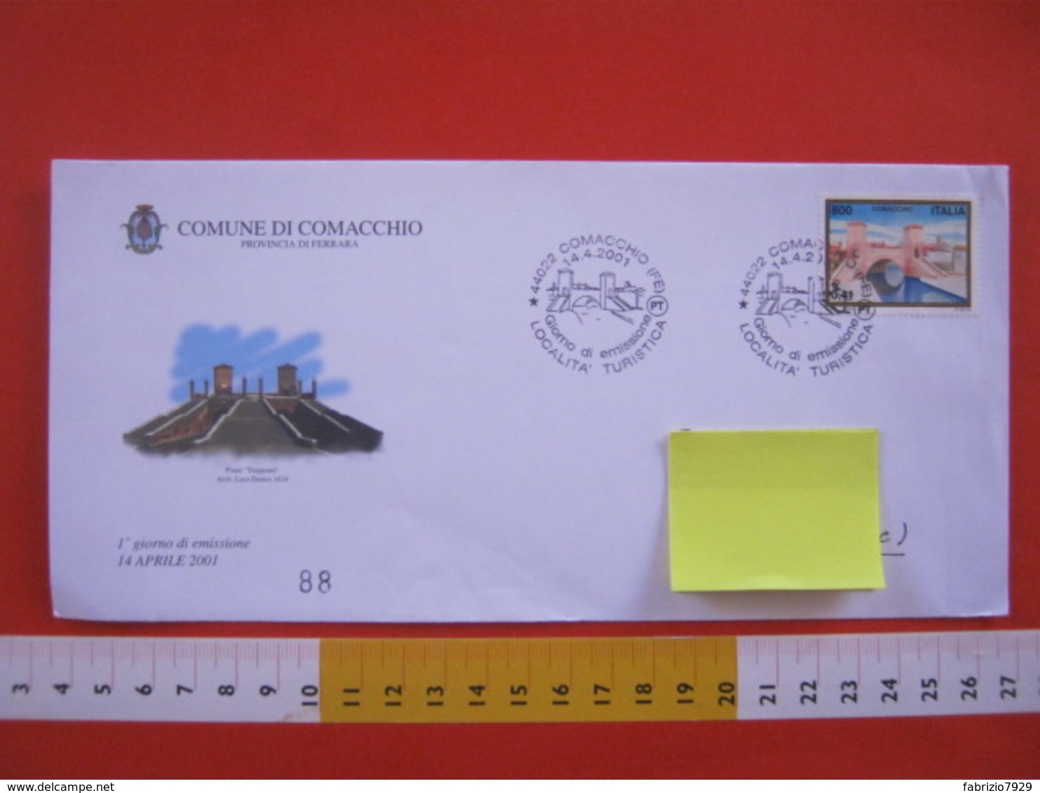 A.14 ITALIA ANNULLO 2001 COMACCHIO FERRARA TURISTICA FDC PONTE TREPONTI BUSTA COMUNE VIAGGIATA - Bruggen