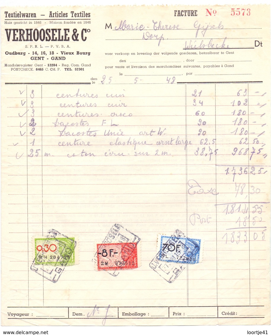 Factuur Facture - Textielwaren Verhoosele & C° - Gent 1948 - Textile & Vestimentaire