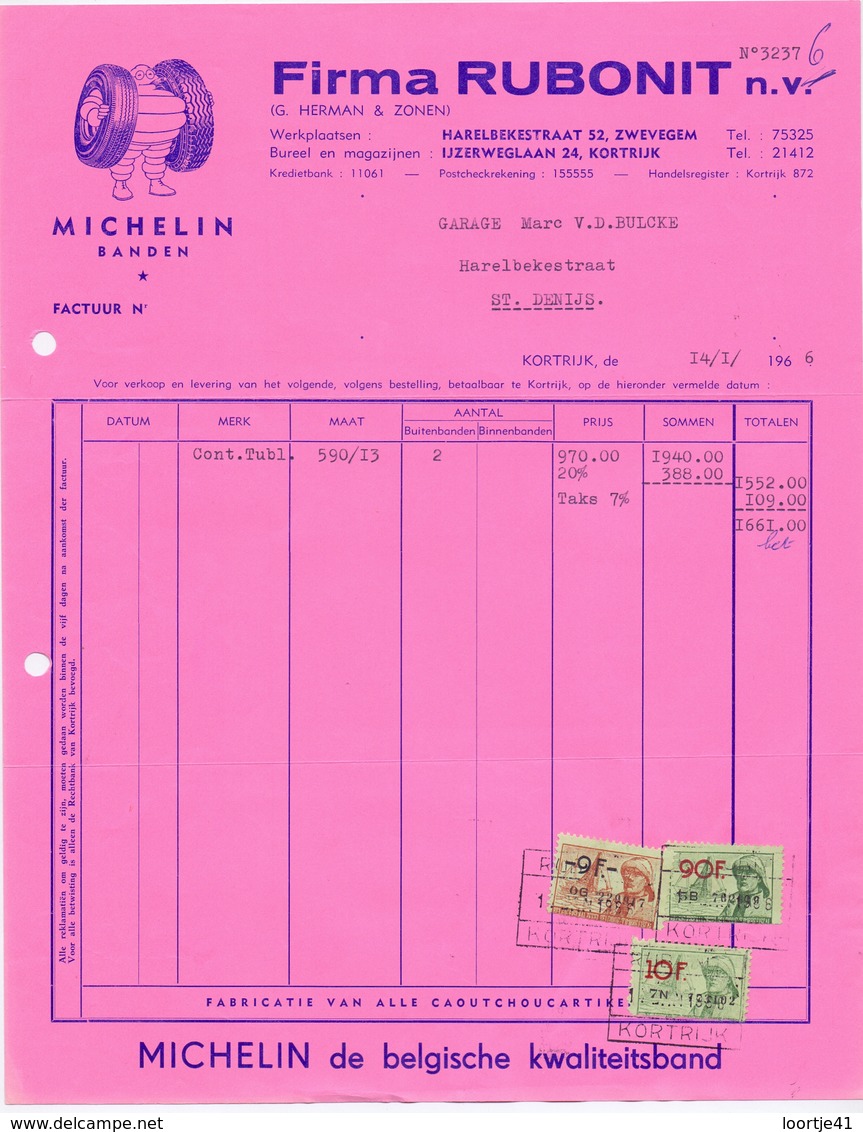 Factuur Facture - Michelin Banden - Firma Rubonit - G. Herman & Zonen - Zwevegem , Kortrijk 1966 - Cars