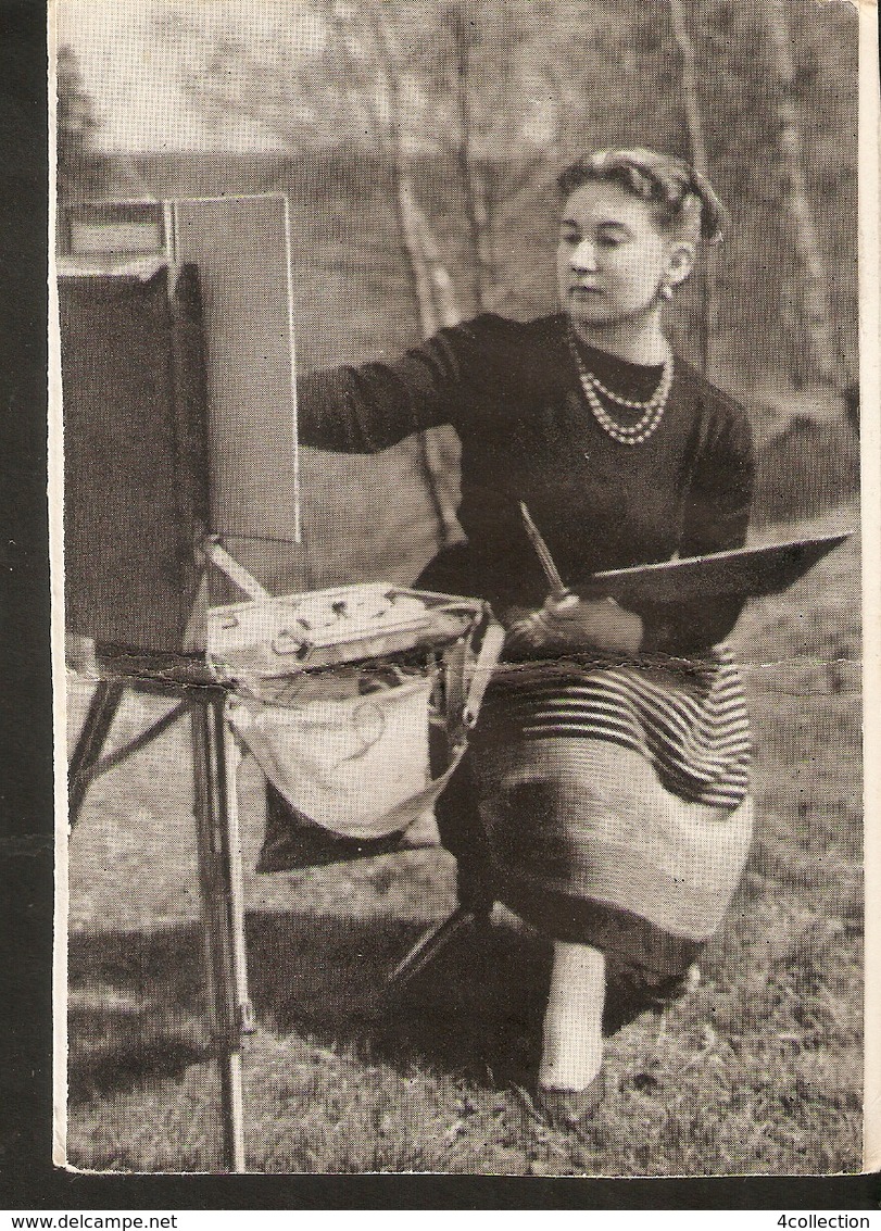 Old USSR Soviet Postcard - Woman Craft Profession Artist Painter Painting Outside Landscape - Craft