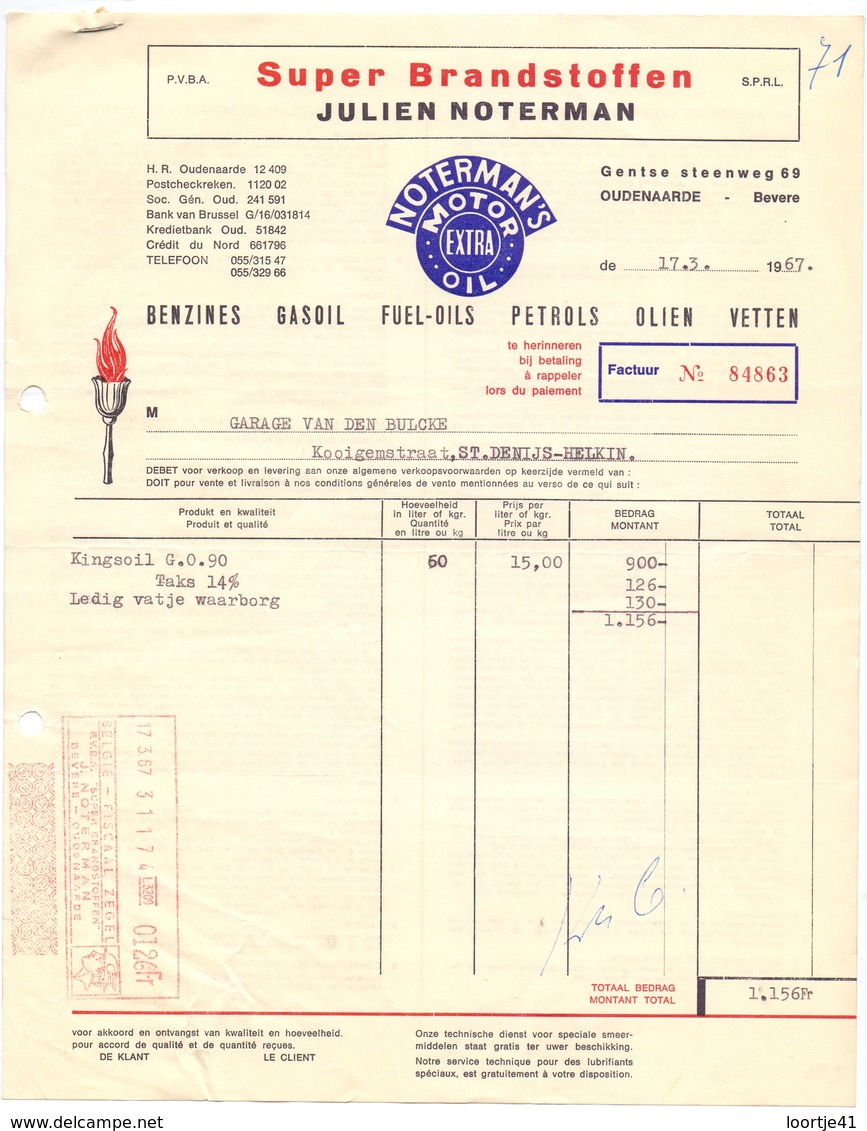 Factuur Facture - Benzine, Oil, Petrol - Brandstoffen Julien Noterman - Oudenaarde Bevere 1967 - Automovilismo