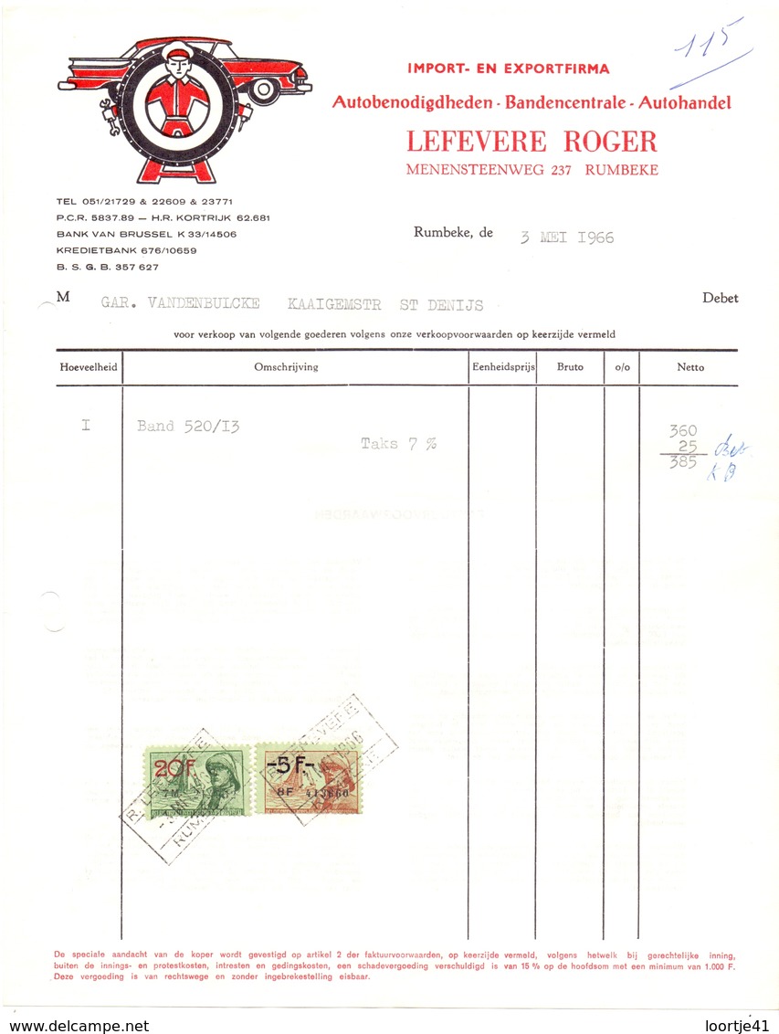 Factuur Facture - Auto Benodigdheden Bandencentrale Lefevere Roger - Rumbeke 1966 - Automobil