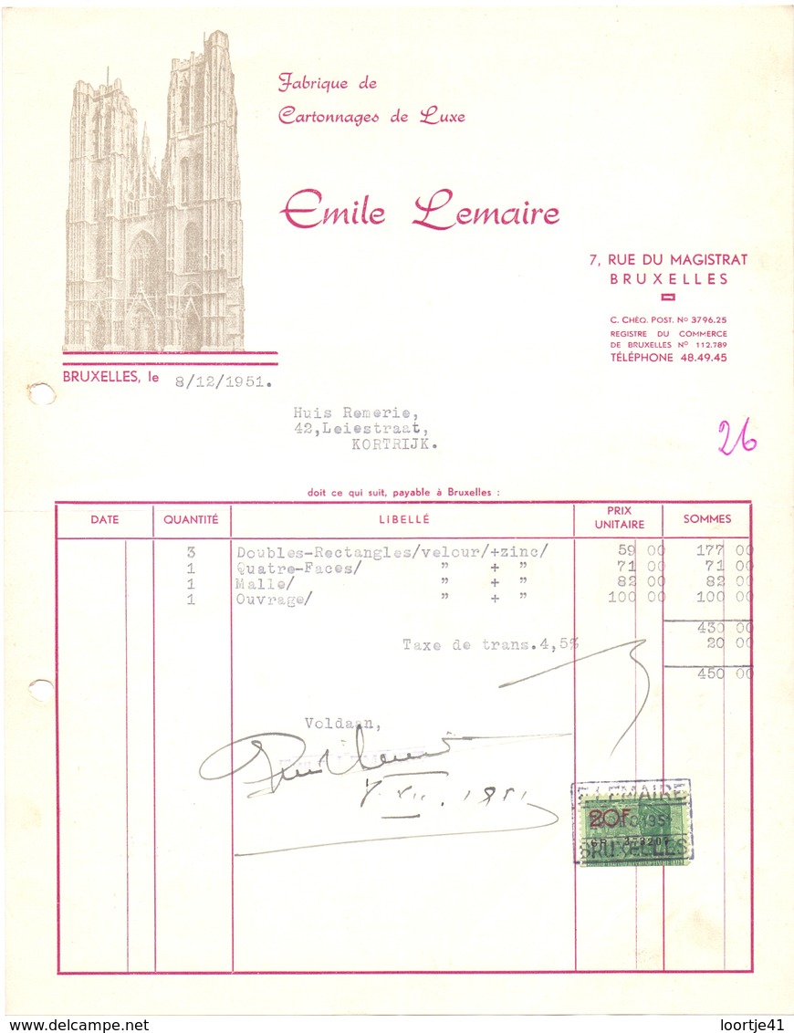 Factuur Facture - Cartonnage Emile Lemaire - Bruxelles - 1951 - Imprenta & Papelería