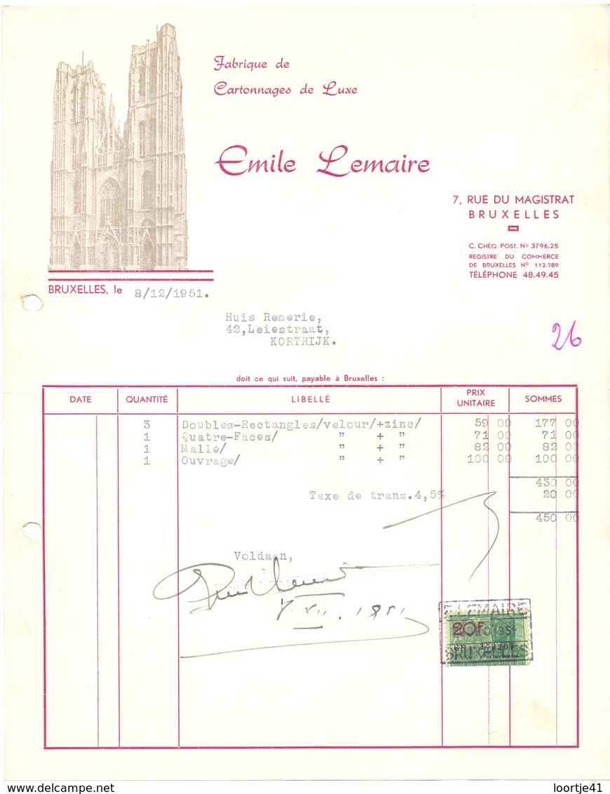 Factuur Facture - Cartonnage Emile Lemaire - Bruxelles - 1951 - Drukkerij & Papieren