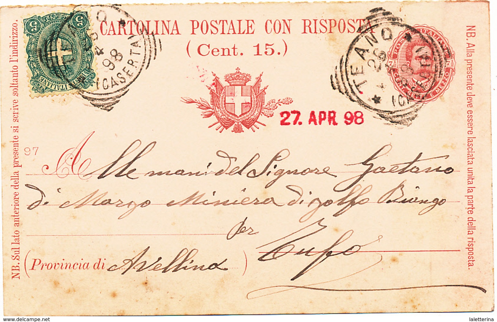 1898 TEANO CASERTA TONDO RIQUADRATO  SU CARTOLINA POSTALE UMBERTO 7, 1/2 INTEGRATA 0,05 STEMM - Storia Postale